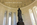 View of the back of the Jefferson Statue housed in the classical interior of the presidential memorial in West Potomac Park, Washington DC