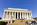 A springtime scene from the Lincoln Memorial plaza featuring the upper and lower Lincoln Steps, Doric colonnaded east edifice and peak time tourism crowds, Abraham Lincoln Memorial, District of Columbia